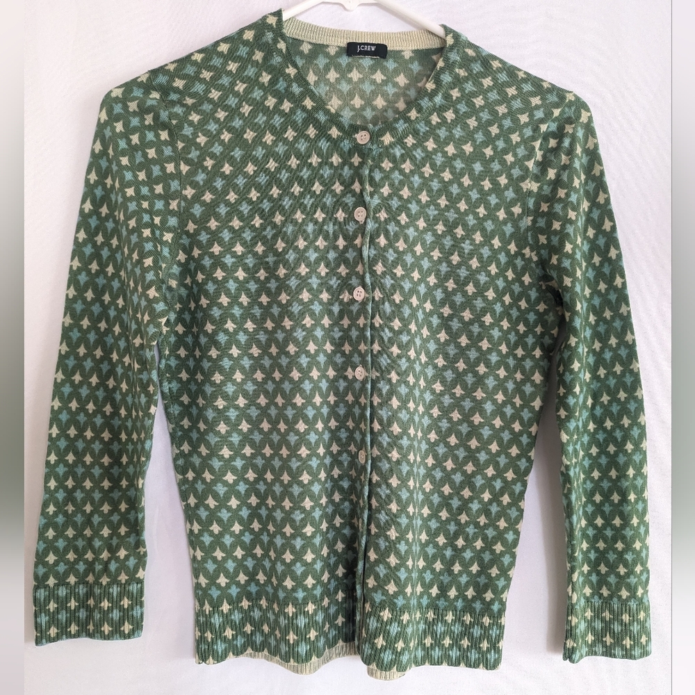 J. Crew Women's XS 100% Wool Green Cream Cardigan Thin Light Breathable Sweater